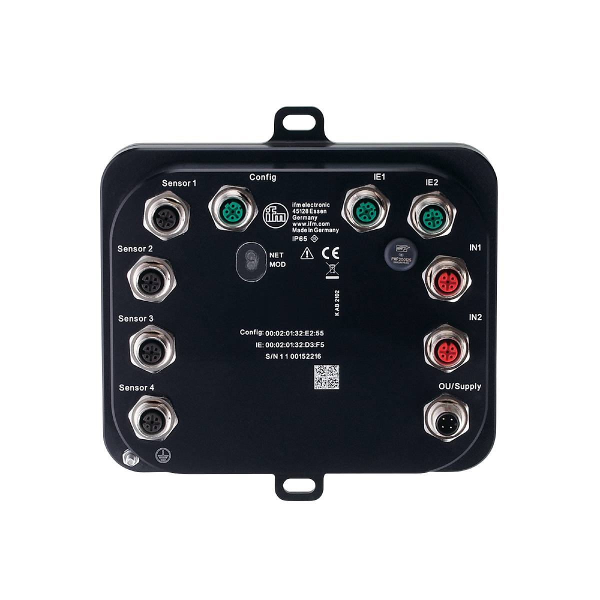 En sort elektronisk enhed med flere stik til sensorer og indgange. Mærkater viser symboler og specifikationer.
