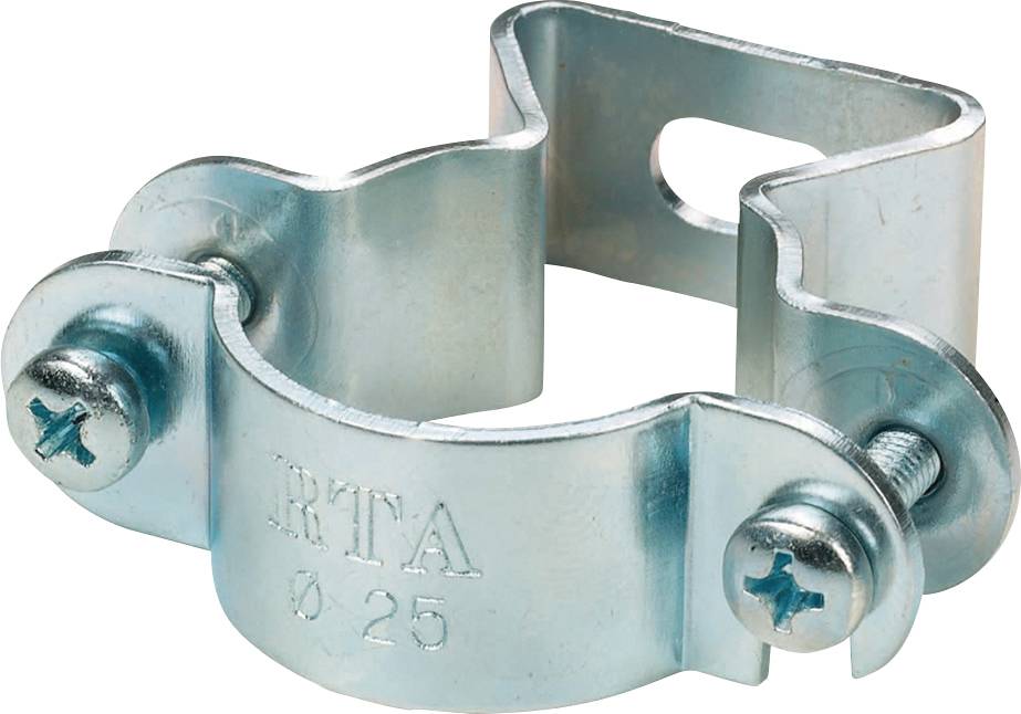 Metallisk rørclips med skruer, præget med 'Ø 25'. Den bruges til fastgørelse af rør eller kabler på vægge eller lofter.