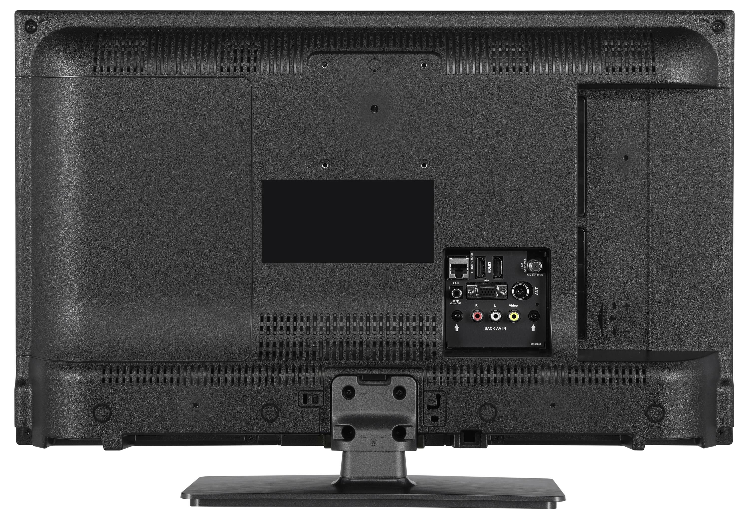 Bagside af et fjernsyn med synlige tilslutninger, herunder HDMI, USB og lydstik, placeret på en sokkel.