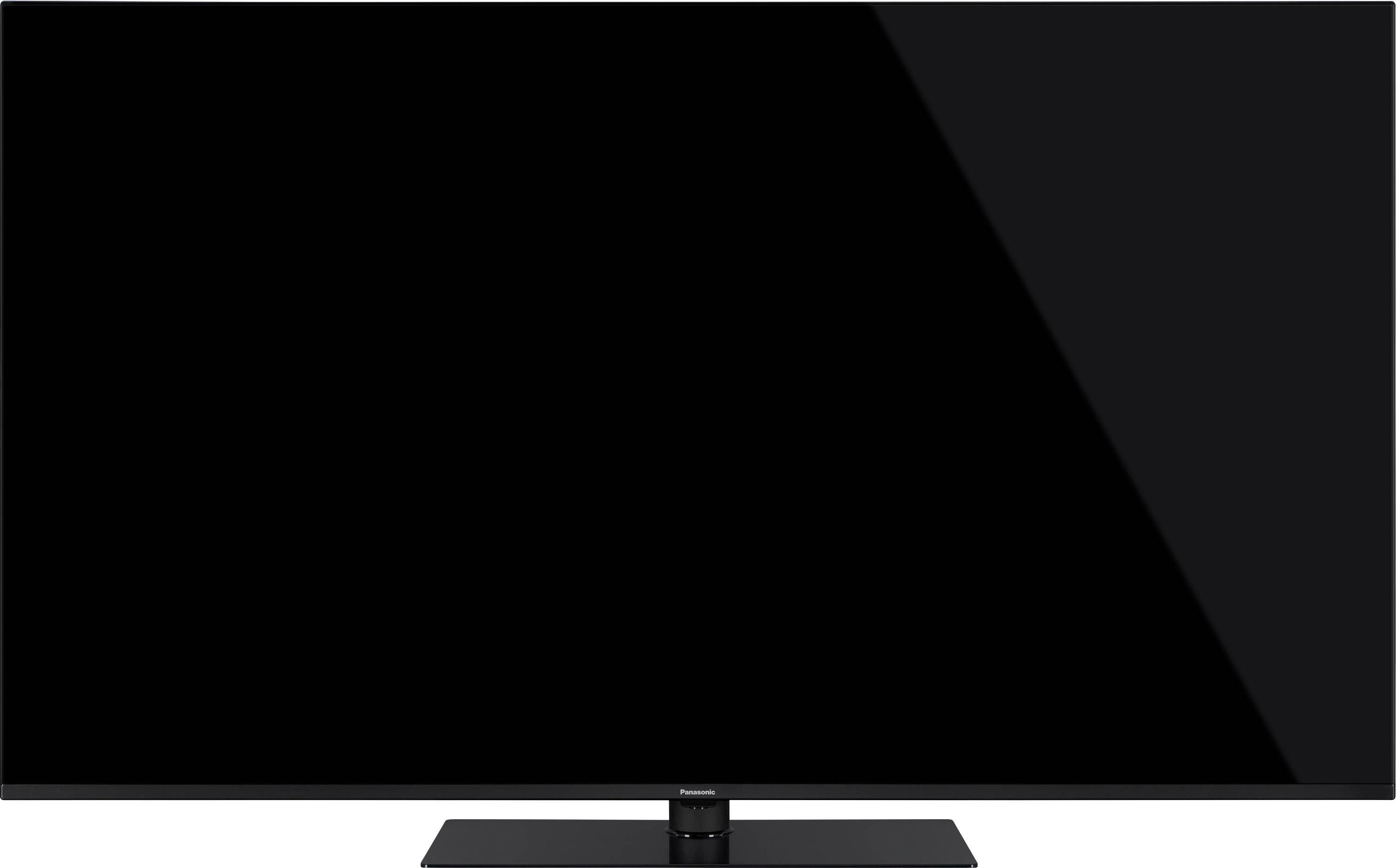 Fladskærms-tv med sort skærm, monteret på et rektangulært stativ. Egnet til moderne stueindretning.