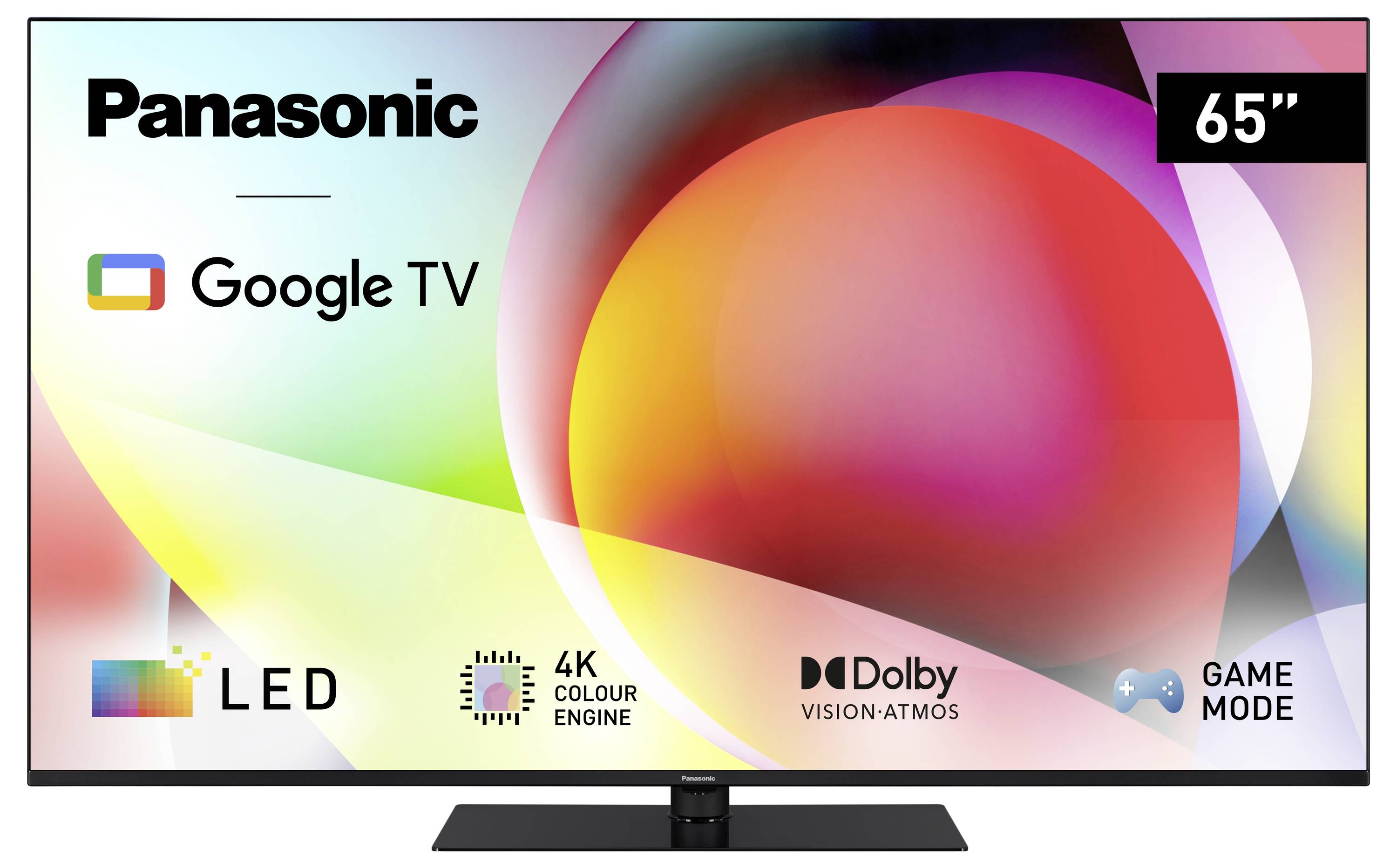 Panasonic 65-tommers tv med Google TV, LED, 4K Colour Engine, Dolby Vision Atmos og spilletilstand, vist med farverig baggrund.