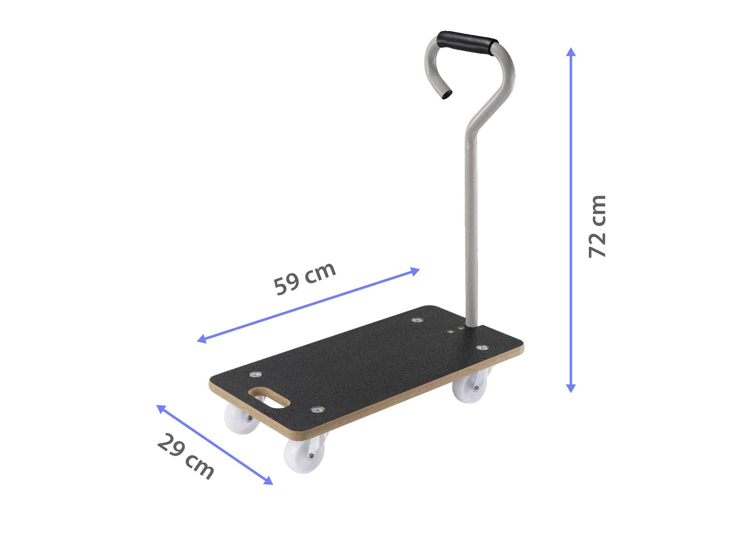 Transportrulle med en platform på 59 cm x 29 cm og en højde på 72 cm; udstyret med fire hjul og et håndtag.