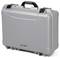 Grå, robust beskyttelseskasse med håndtag, velegnet til sikker opbevaring og transport af følsomme genstande.