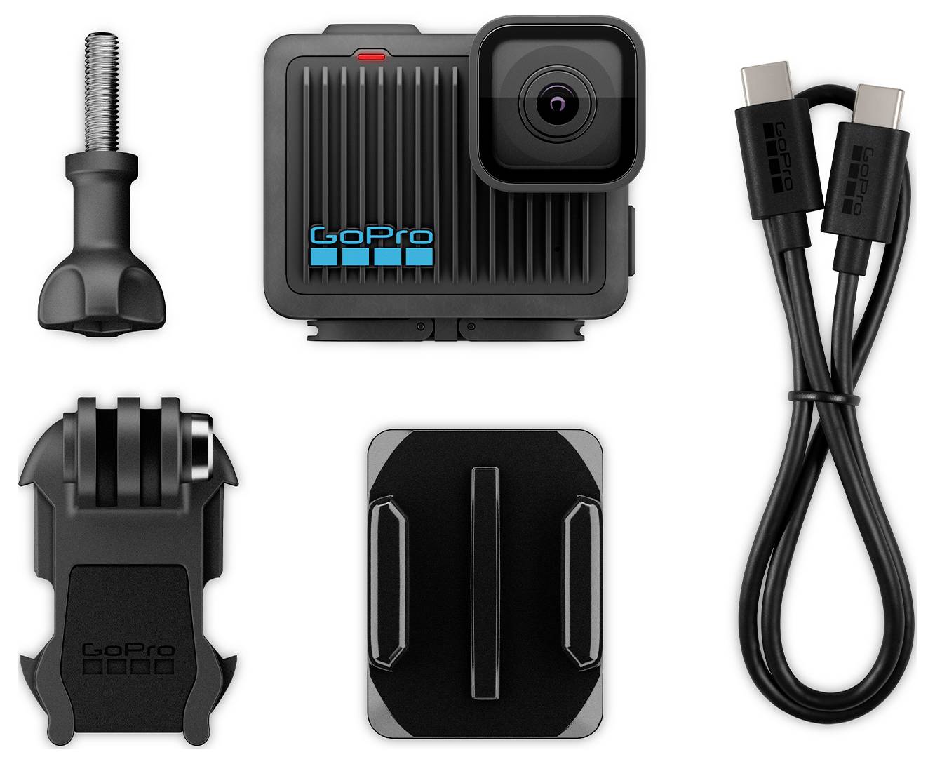 GoPro kamerasæt med skrue, beslag og USB-kabel.