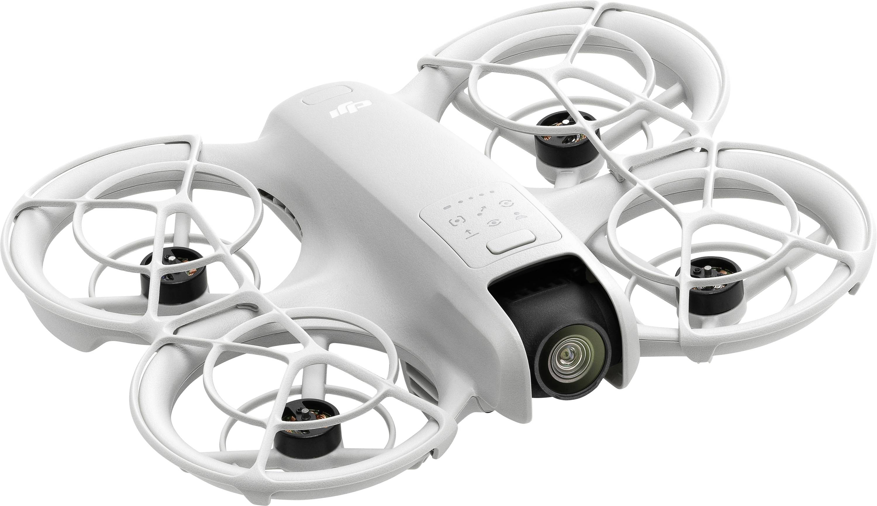 Hvid drone med fire beskyttede rotorer og integreret kamera, velegnet til fritidsflyvning og fotografering.