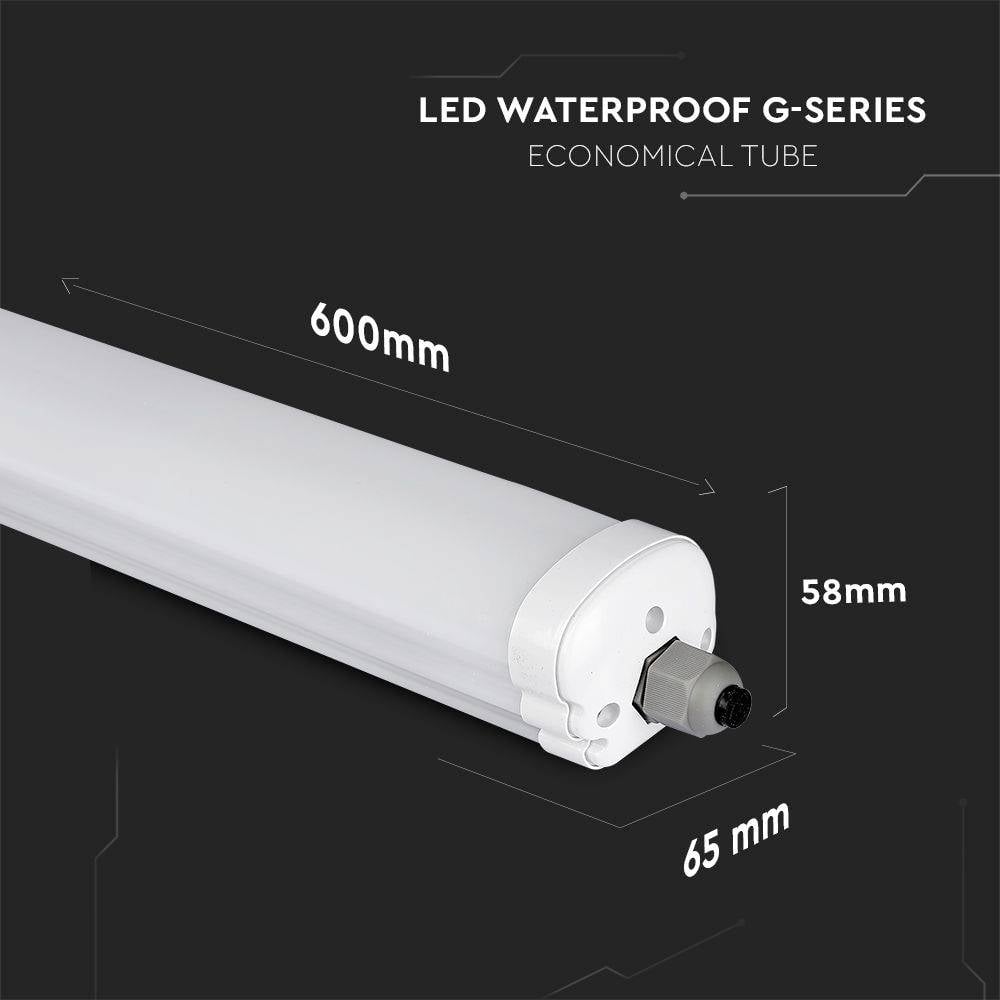 LED vandtæt G-serie økonomisk rør, aflang, 600 mm længde, 65 mm bredde, 58 mm højde.