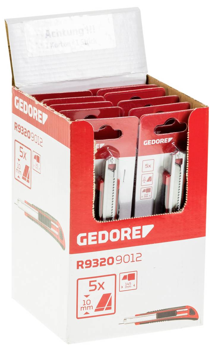 En åben kasse med flere røde hobbyknive fra mærket Gedore. På emballagen står der 'R9320 9012' og '5x 10 mm'.