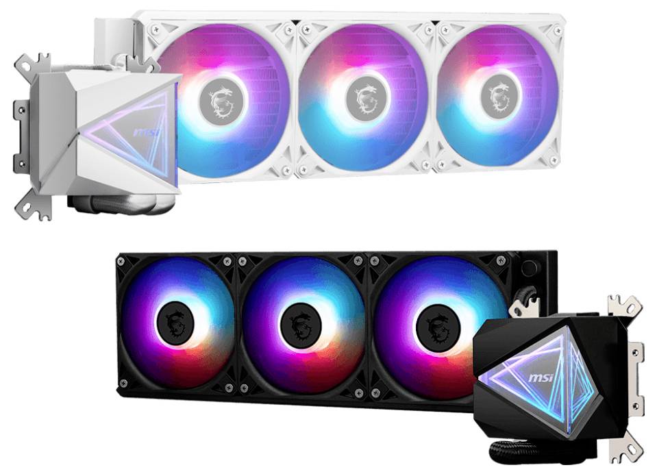 To MSI vandkølingssystemer til computere; et i hvid, det andet i sort, hver med tre ventilatorer og RGB-belysning.