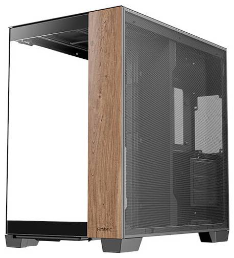 Et åbent PC-kabinet med træpaneler på venstre side og glas på forsiden. Ingen hardware installeret.