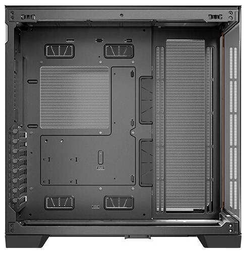 Indvendig visning af et tomt PC-kabinet med kabelføring og monterede ventilatorpositioner på bag- og oversiden.