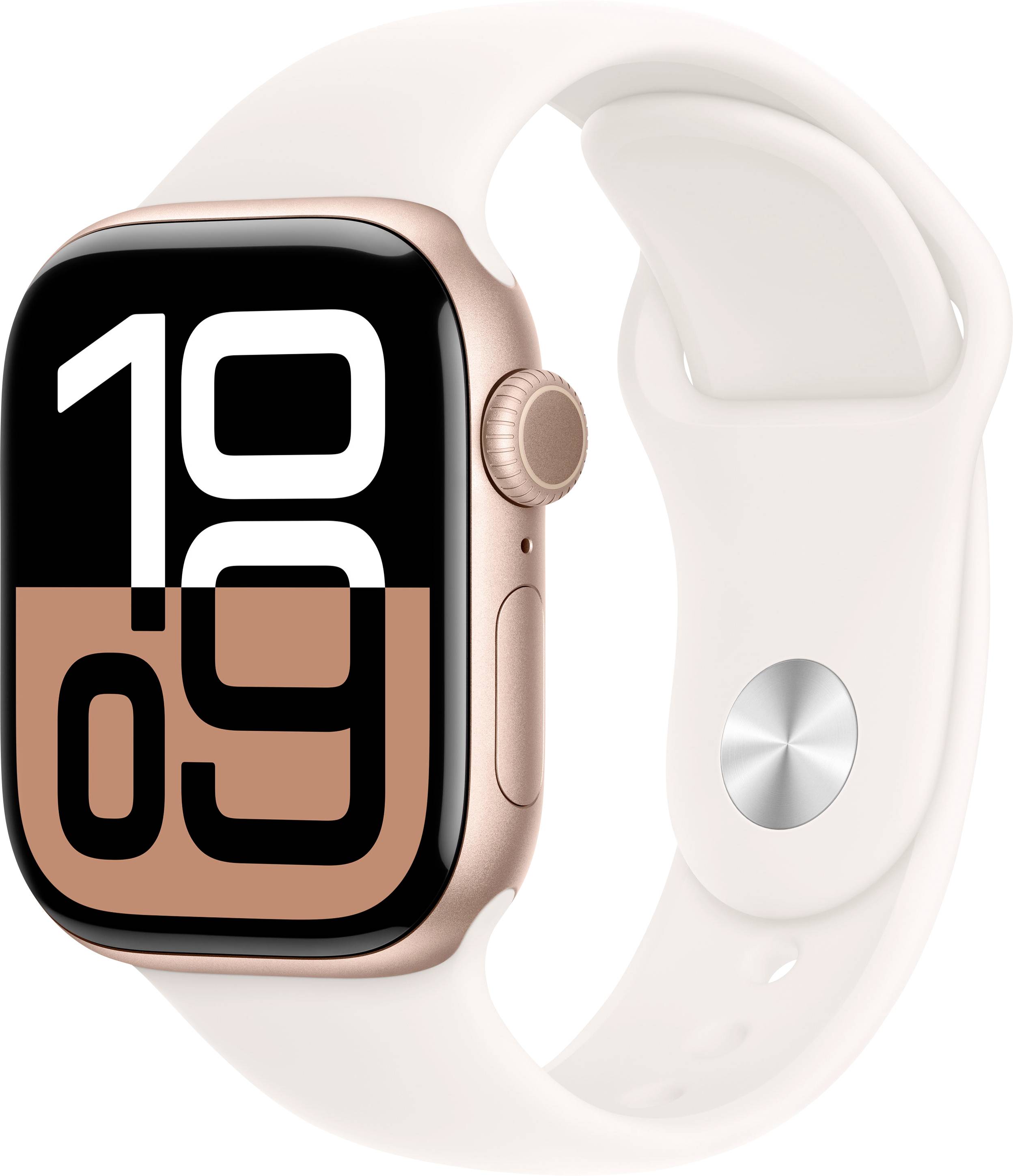 Et lyserødt smartwatch med et hvidt armbånd viser det digitale klokkeslæt '10:09'.