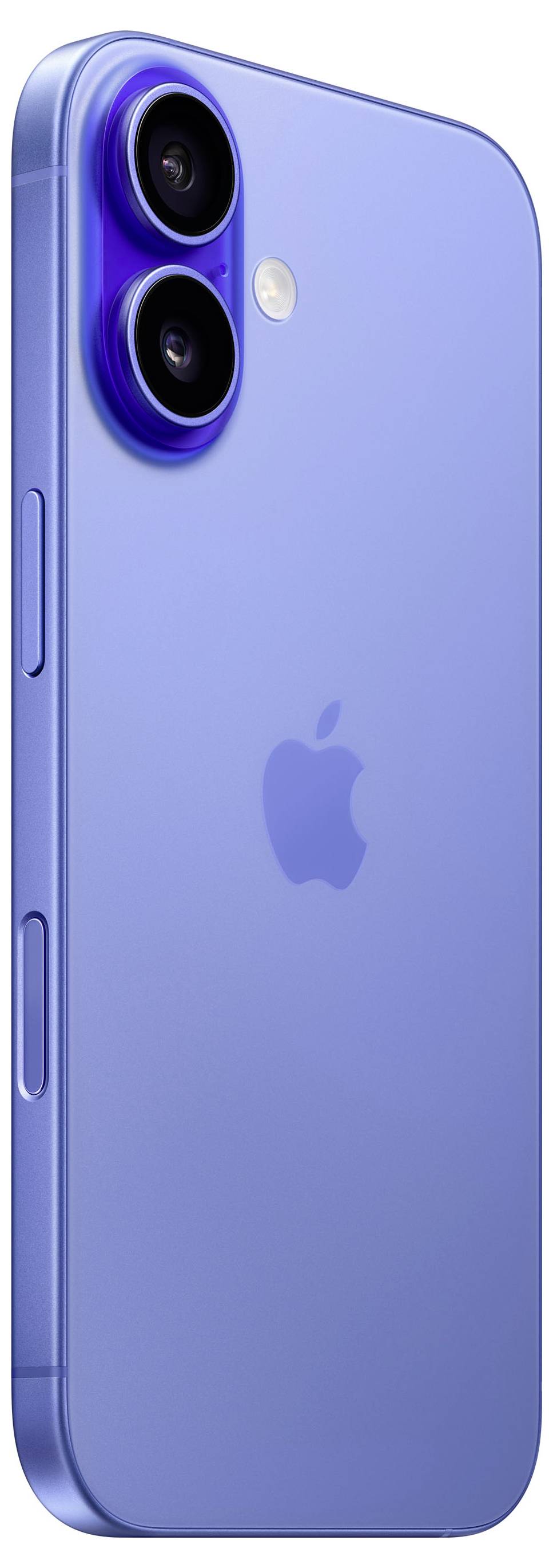 Billedet viser en blå smartphone set fra siden med to kameraer på bagsiden og Apple-logoet i midten.