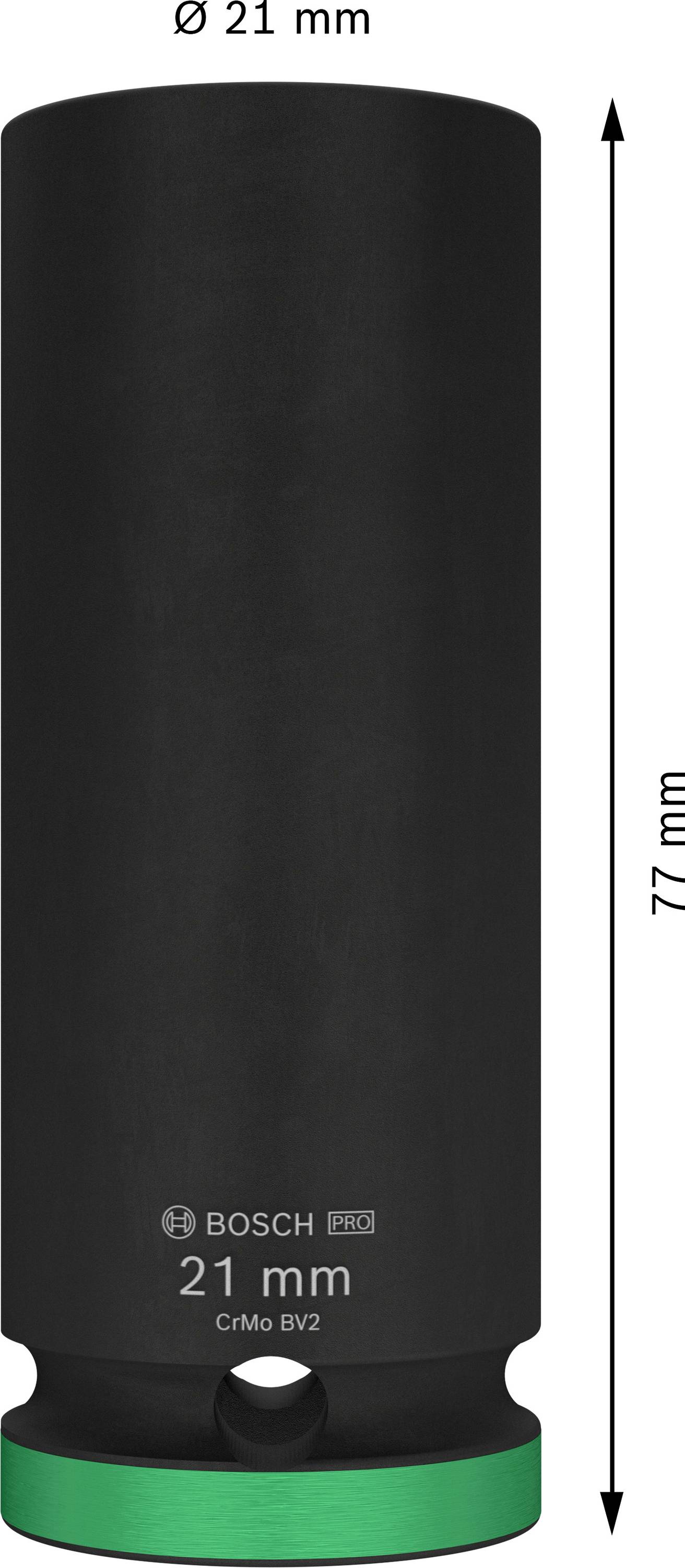 Stikdop fra Bosch, diameter 21 mm, højde 77 mm, af CrMo-stål, sort med grøn ring ved basis.