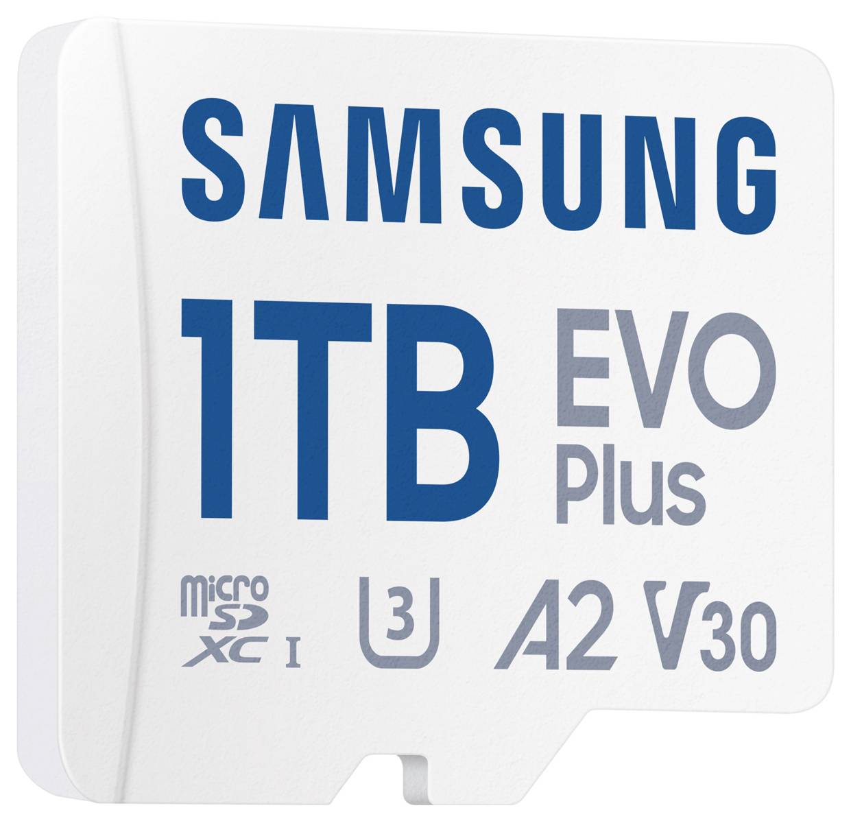 Hukommelseskort med påskriften 'Samsung 1TB EVO Plus microSD' med symboler for U3, A2, V30, viser høj kapacitet og ydelse.