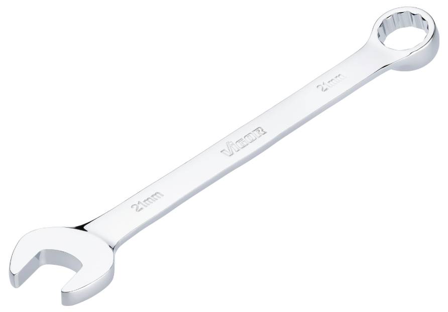 En sølvfarvet skruenøgle med én åben og én lukket ende, egnet til møtrikker eller skruer med 21 mm diameter.