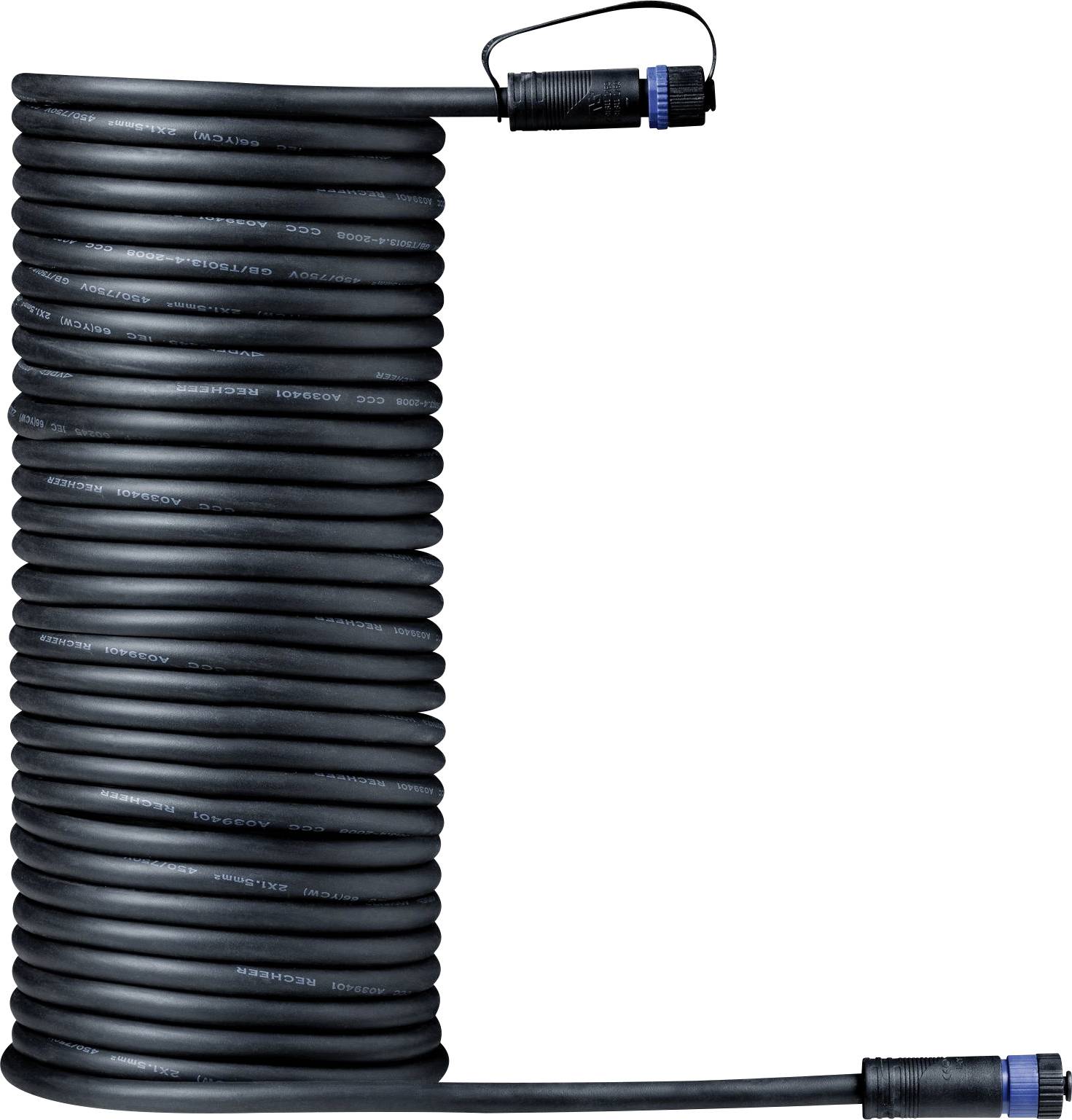 'En lang, oprullet sort kabel med blå stik i begge ender.'