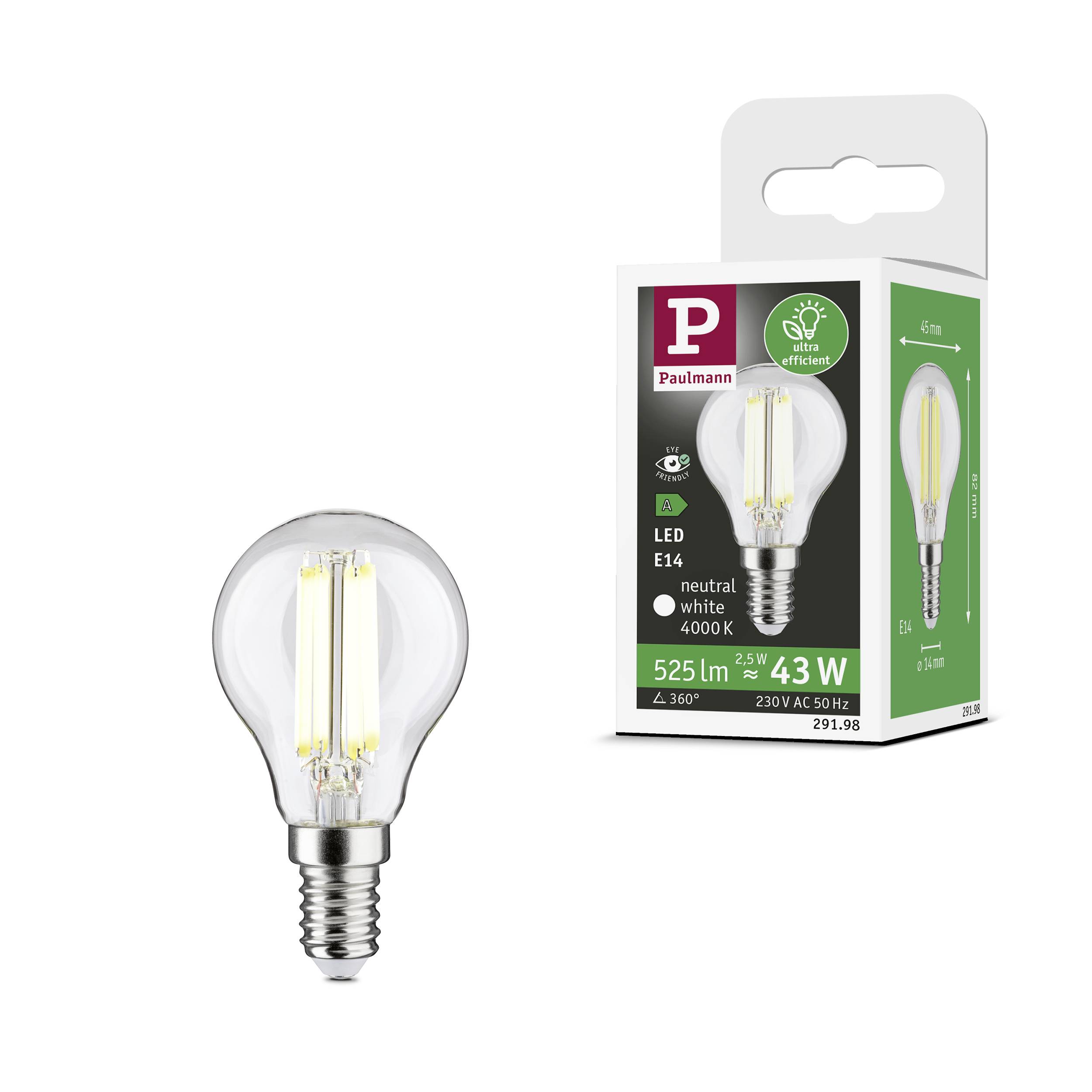 LED-pære med E14-sokkel og 4,3 W. 525 lm, 2700 K, varmt hvidt lys. Emballagen viser specifikationer og energieffektivitetsklasse gradueret efter A+.