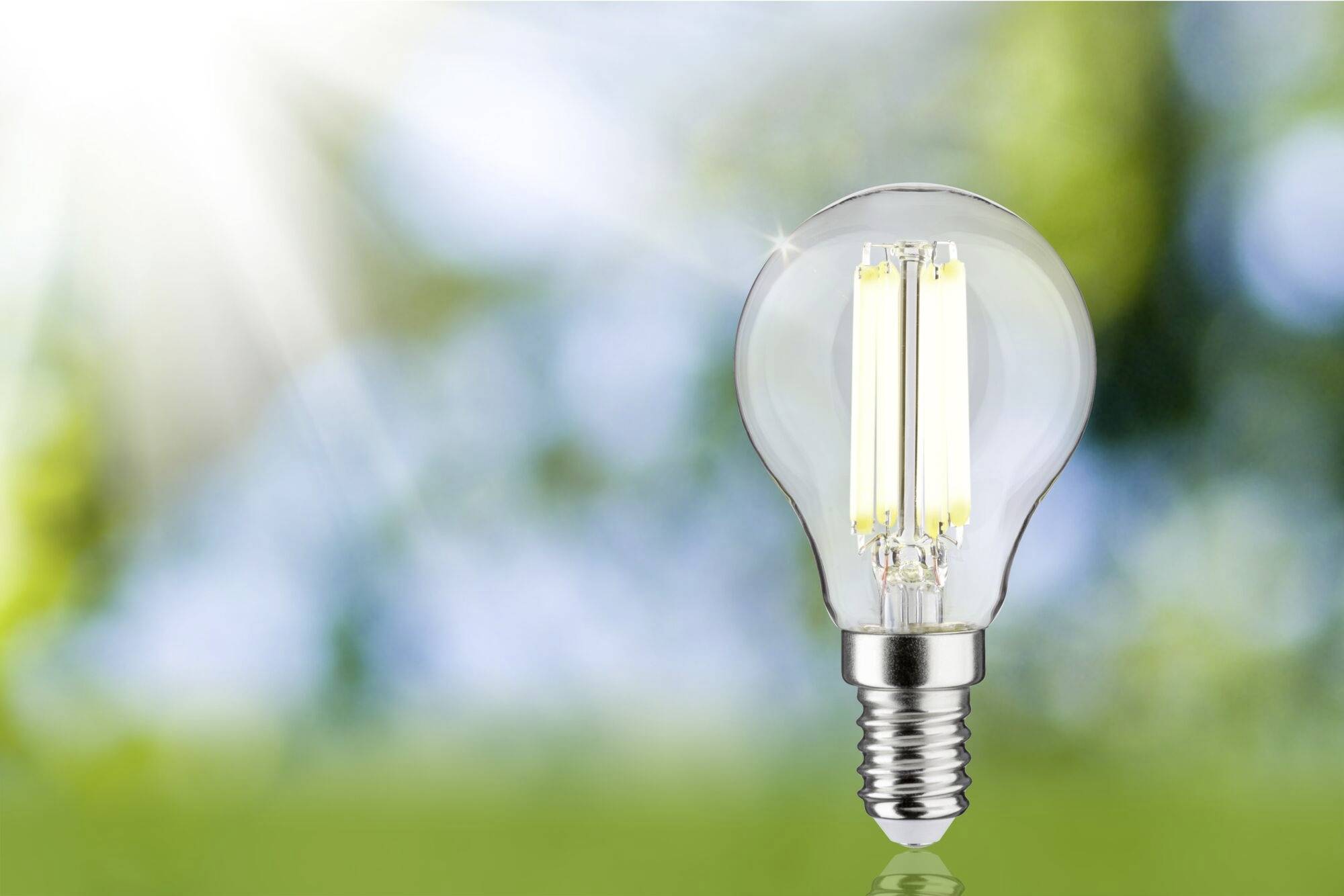 En tændt pære foran en sløret grøn baggrund symboliserer ideer eller innovation i det fri.