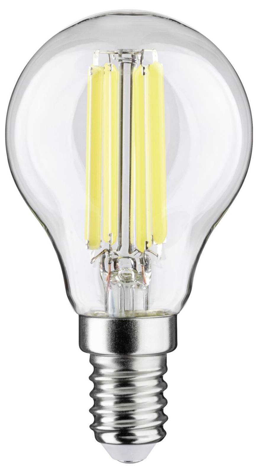 En LED-pære med E14-sokkel, transparent glas og synlige gule lysstreger. Energieffektiv belysningsløsning.