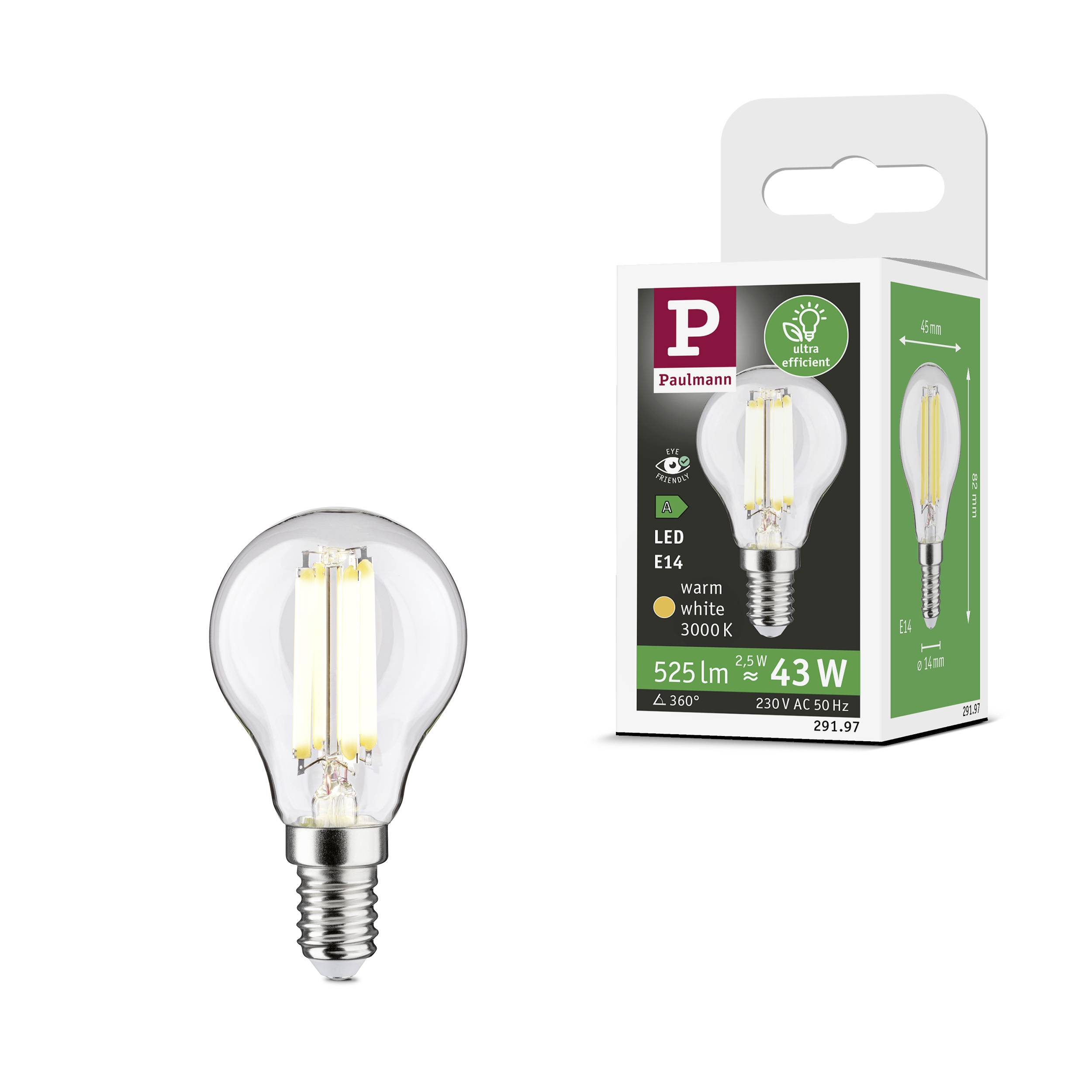 Paulmann LED-pære, E14, 43 Watt, varm hvid, 525 lumen, energimærkningslabel fra A til G.