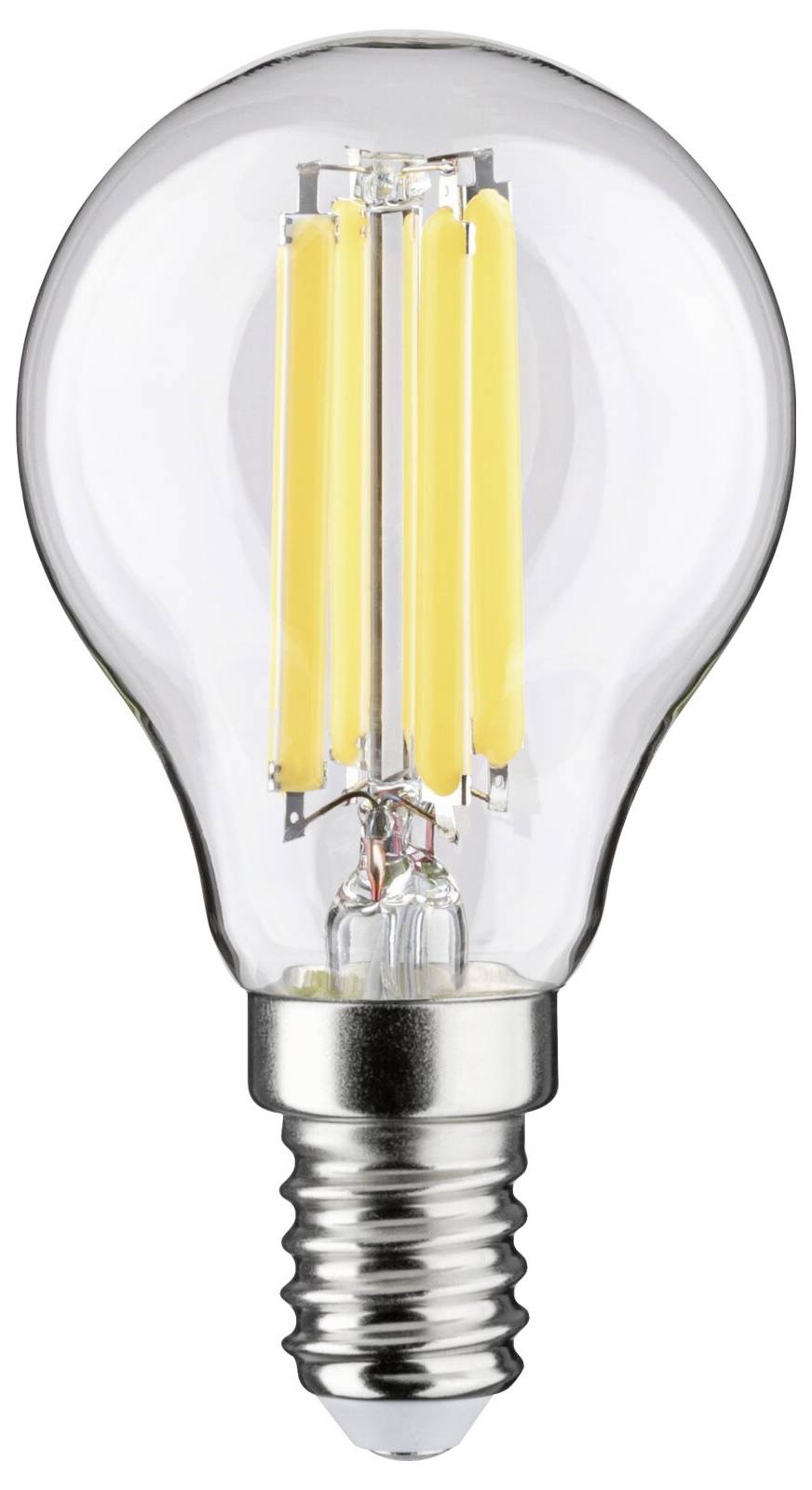 En klar glødepære med synlige, lysende filamenter og en metalgevind forneden.