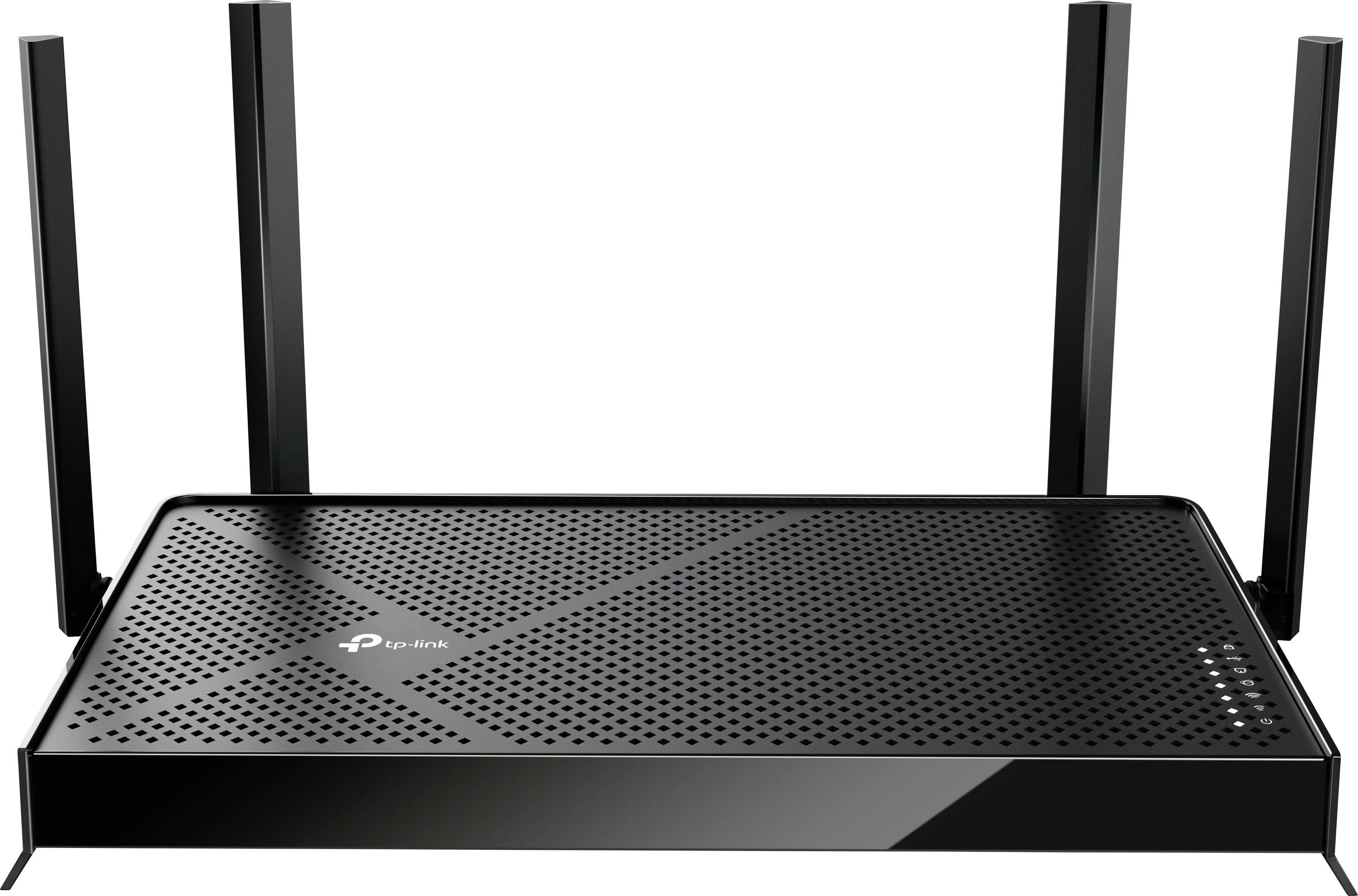 En sort Wi-Fi-router med fire oprette antenner, ventilationshuller og statuslamper på forsiden til højre.