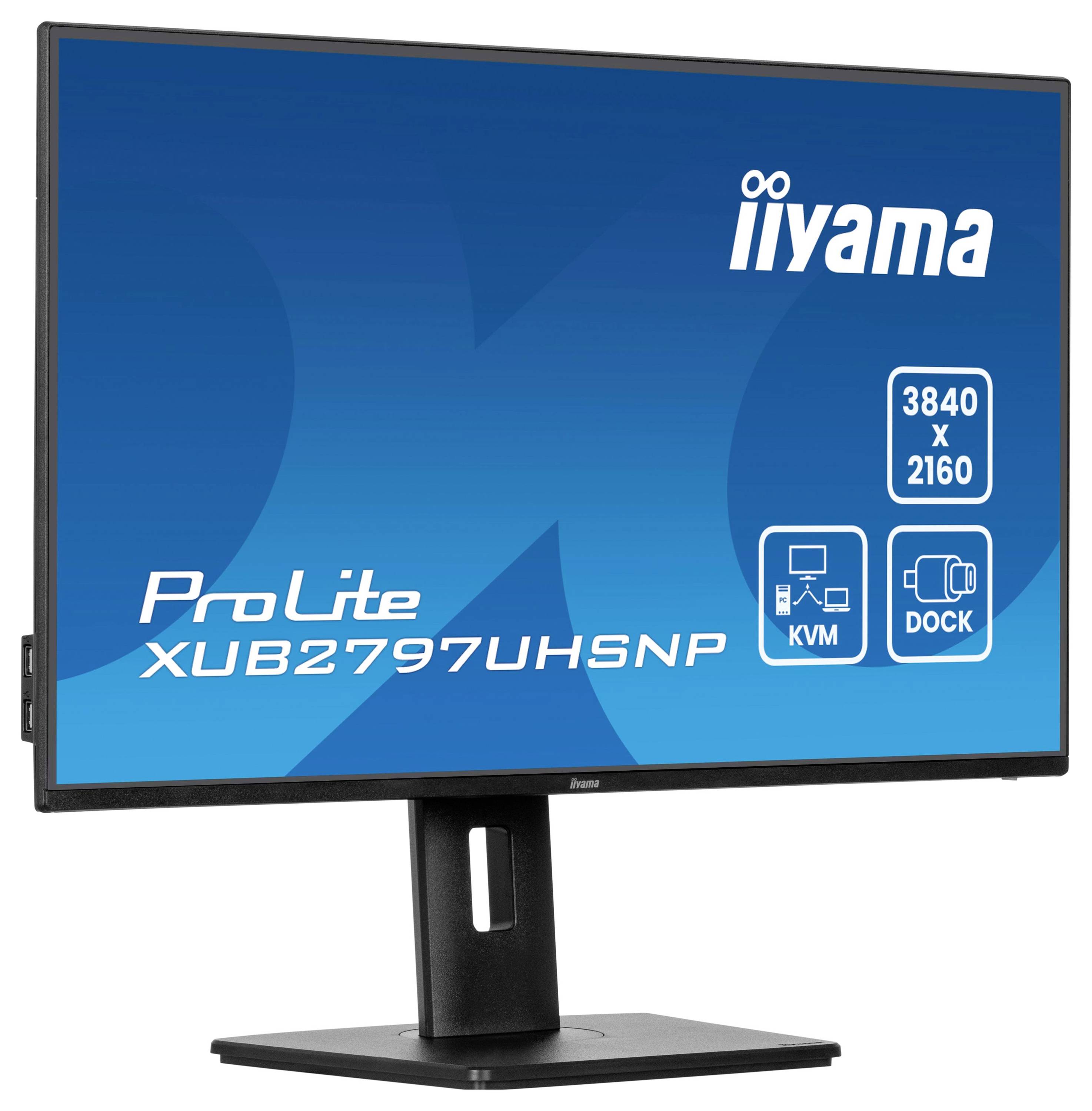 En computerskærm, der viser mærket 'iiyama' med modellen 'ProLite XUB2797UHSNP'. Funktioner omfatter 3840 x 2160 opløsning, KVM-switch og docking.