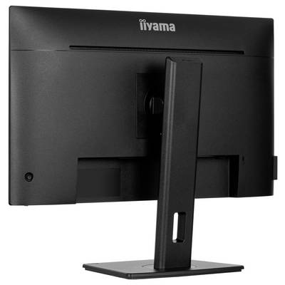 En sort computerskærm set fra bagsiden, der viser dens fod og mærkelogo øverst i midten.