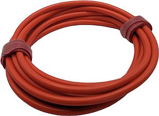 Et rødt elastisk kabel, rullet op i en cirkel og sikret med to velcrolukkere.