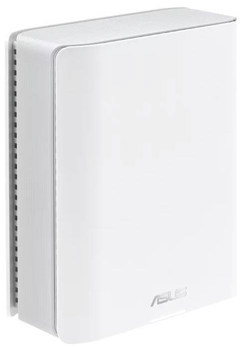 En hvid, rektangulær Asus-router med afrundede kanter, stående, med ventilationsåbninger i siderne.