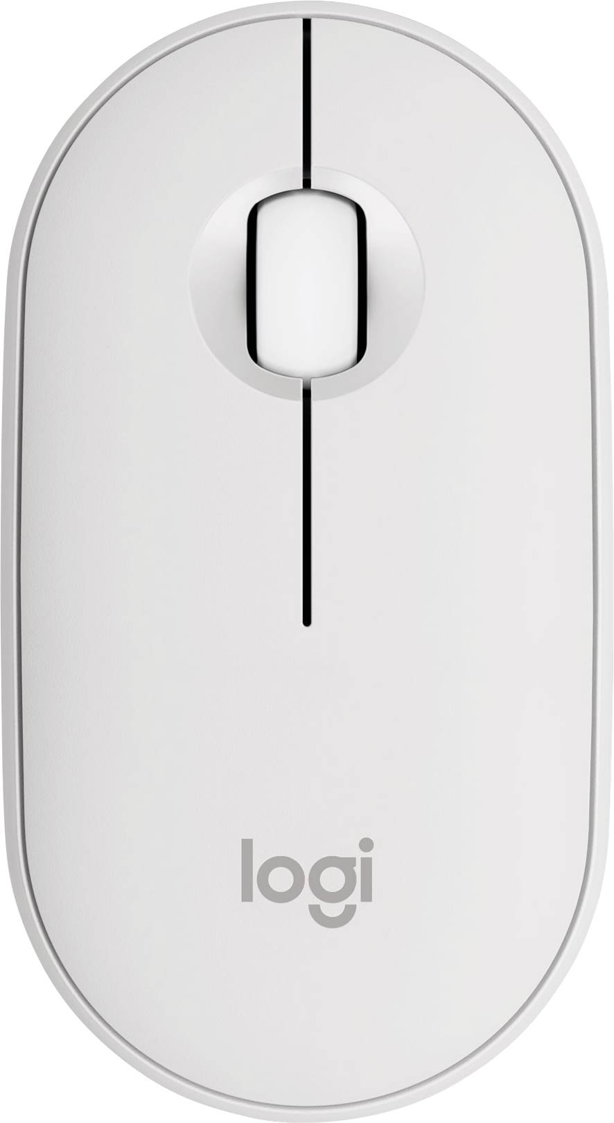 En hvid computermuse med logoprint, minimalistisk design, to knapper og et scrollhjul i midten.