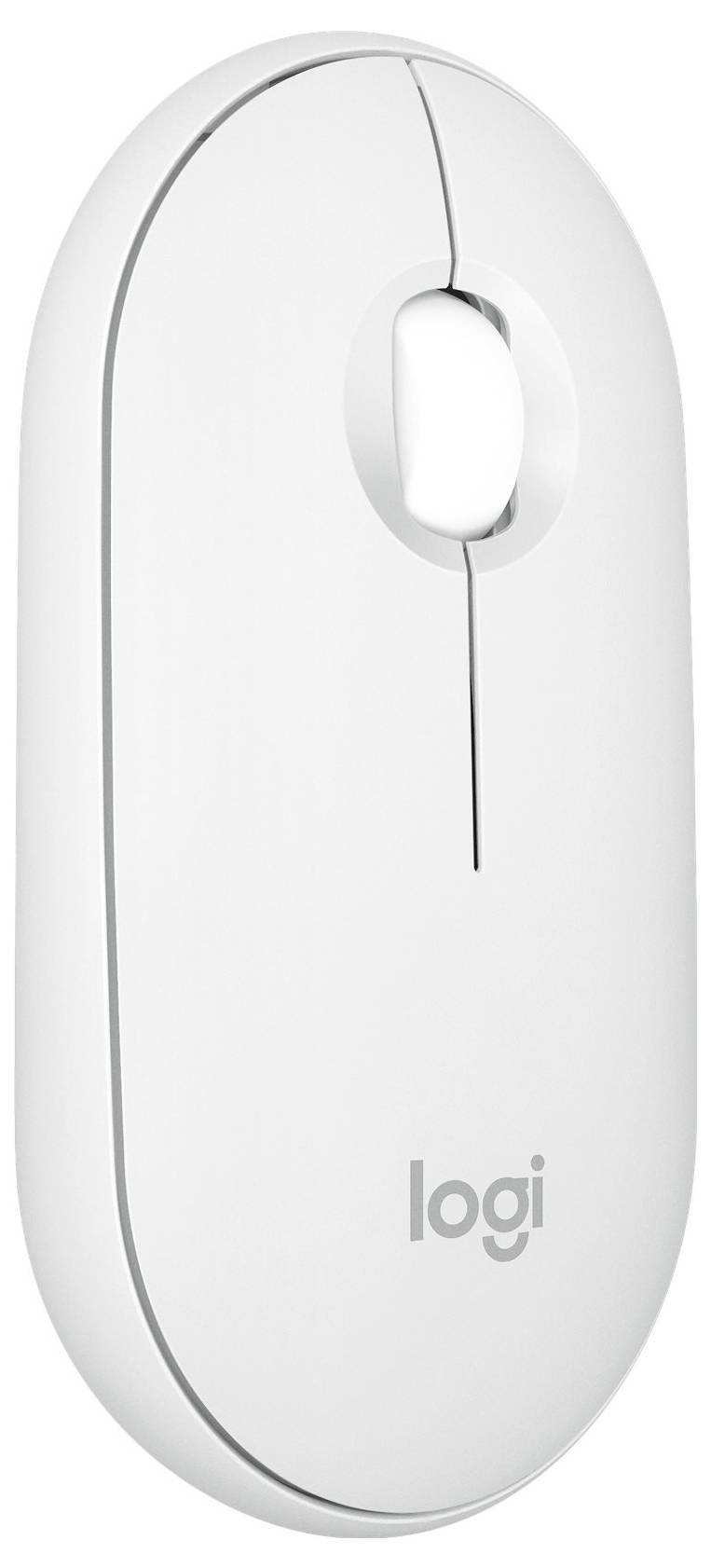 Hvid trådløs computermuse fra Logitech, slankt design med sideknapper og scrollhjul, velegnet til minimalistisk arbejdsmiljø.