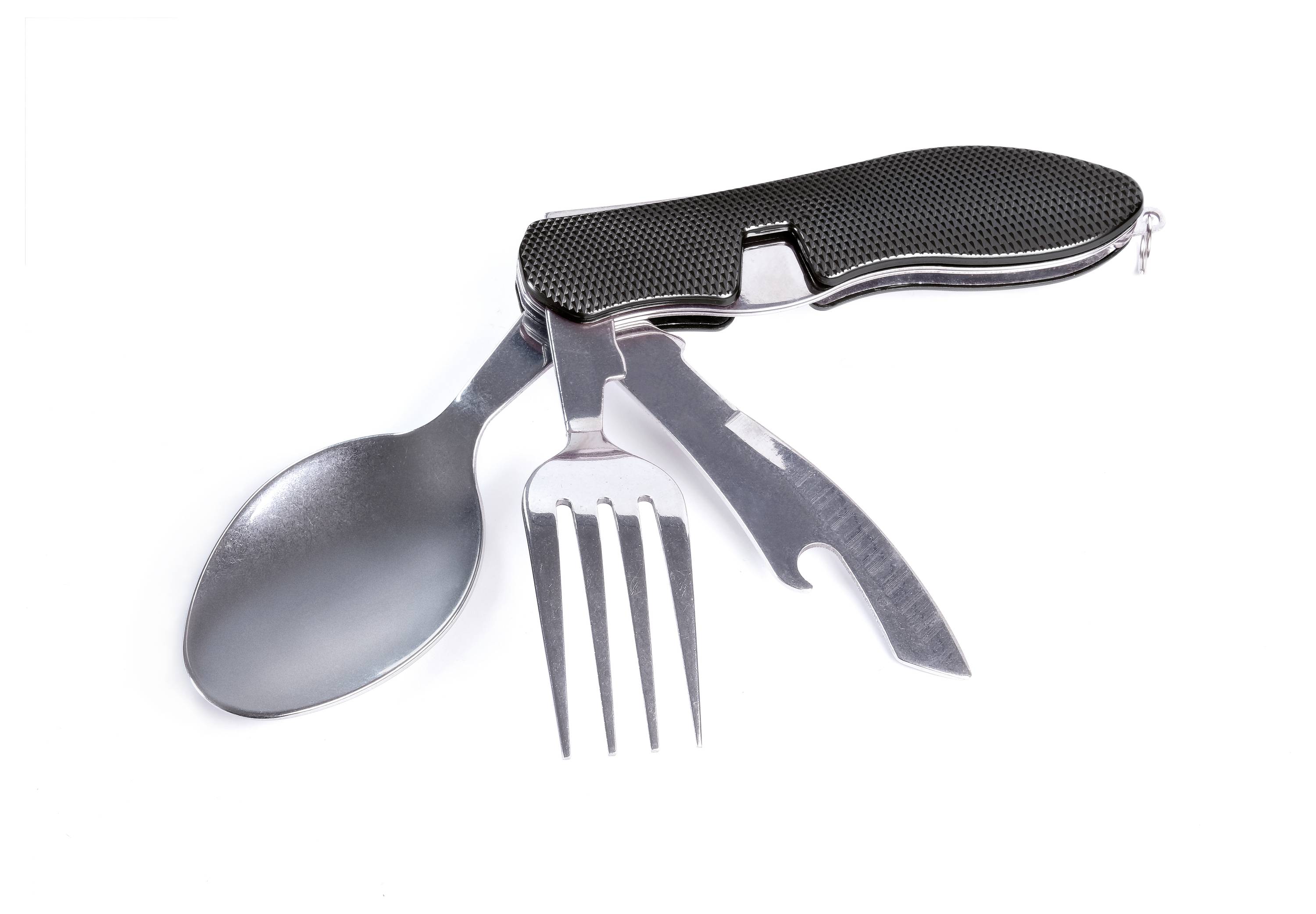 Et multifunktionelt lommekniv med ske, gaffel, kniv og dåseåbner i rustfrit stål på hvid baggrund.
