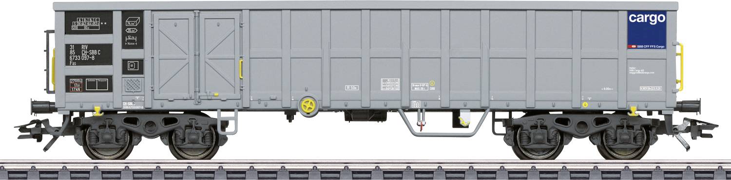 Grå godsvogn med 'cargo' logo på siden, holder på skinnerne.