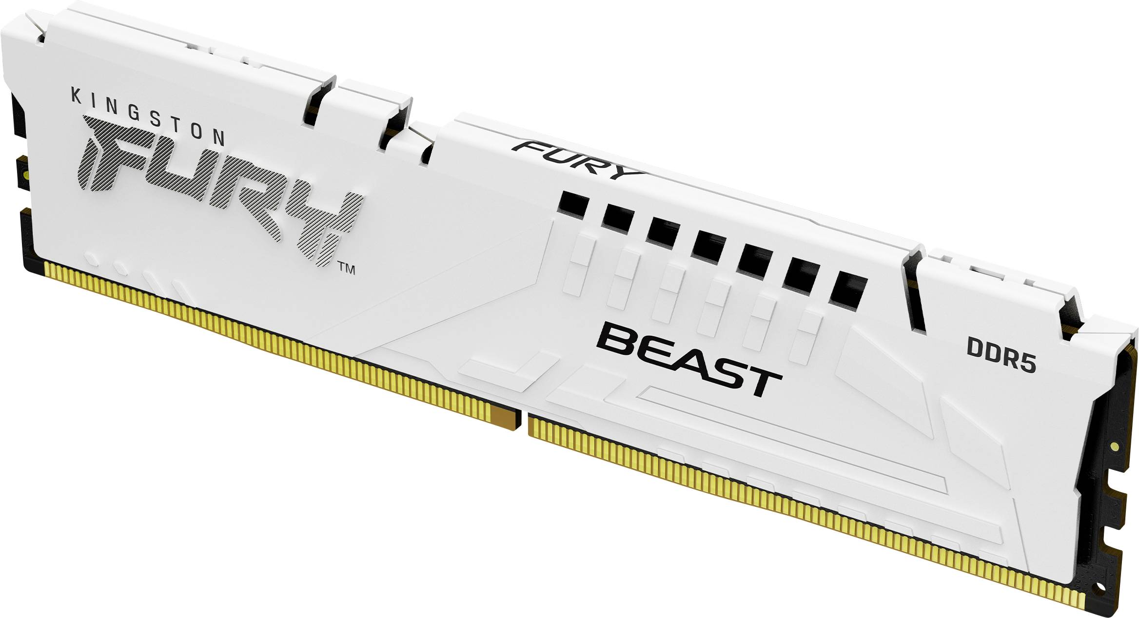 En hvid Kingston FURY Beast DDR5-RAM-modul, vist fra siden, med guldfarvede kontakter og sort tekst.