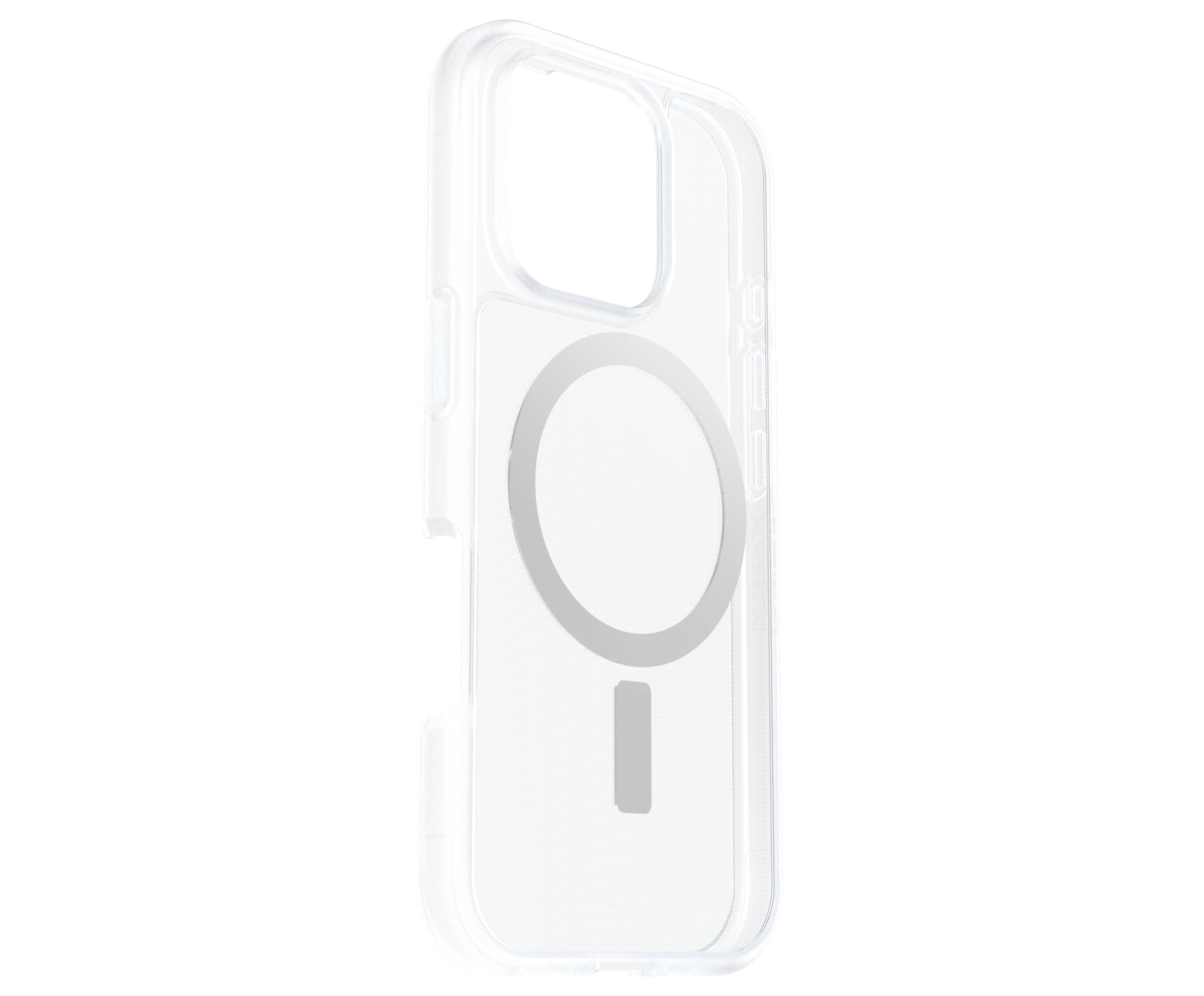Gennemsigtig mobiltaske med cirkulær MagSafe-logo på bagsiden.