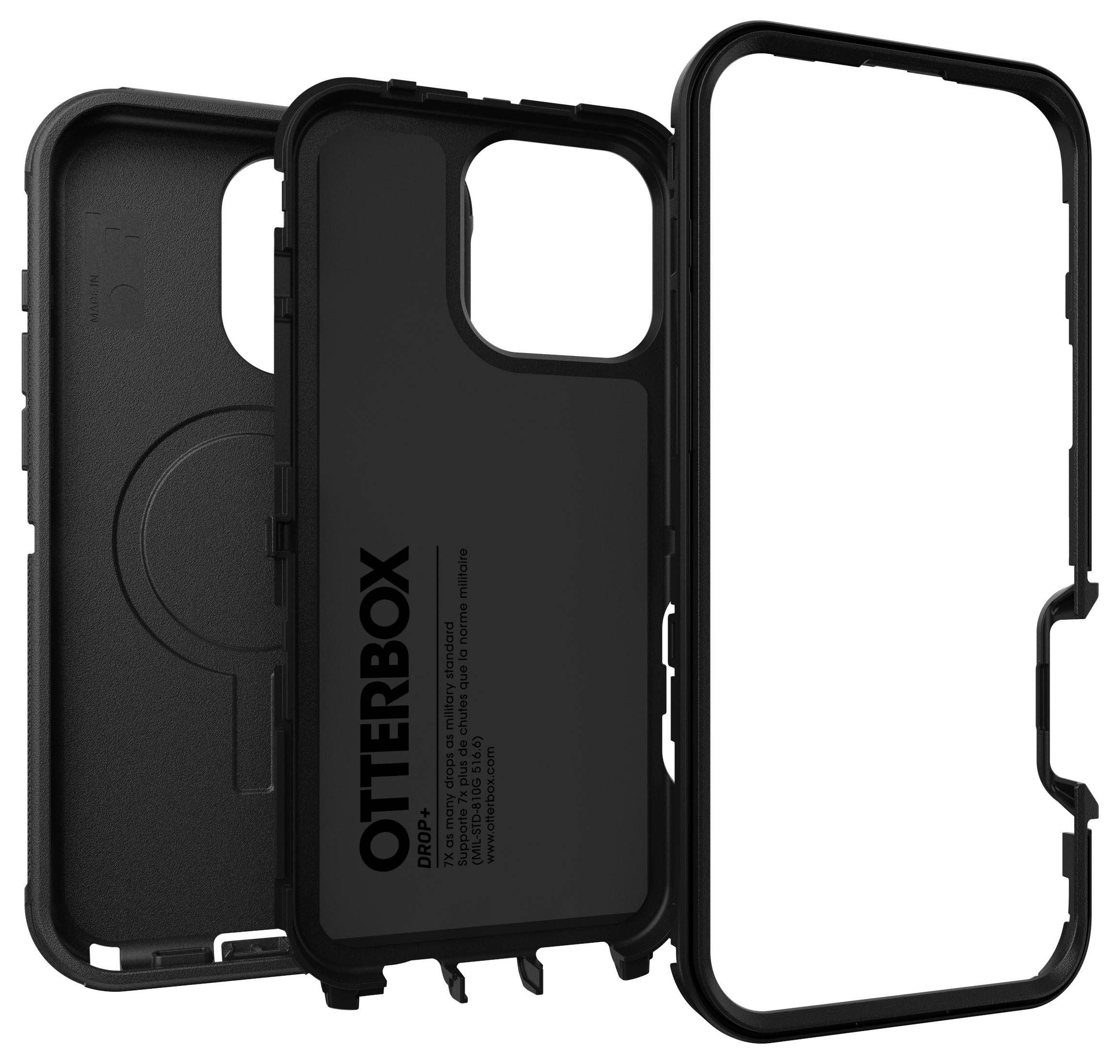 Treleddet sort mobiltelefonetui fra Otterbox, med robust ydre cover og stødabsorberende design, egnet til en smartphone.