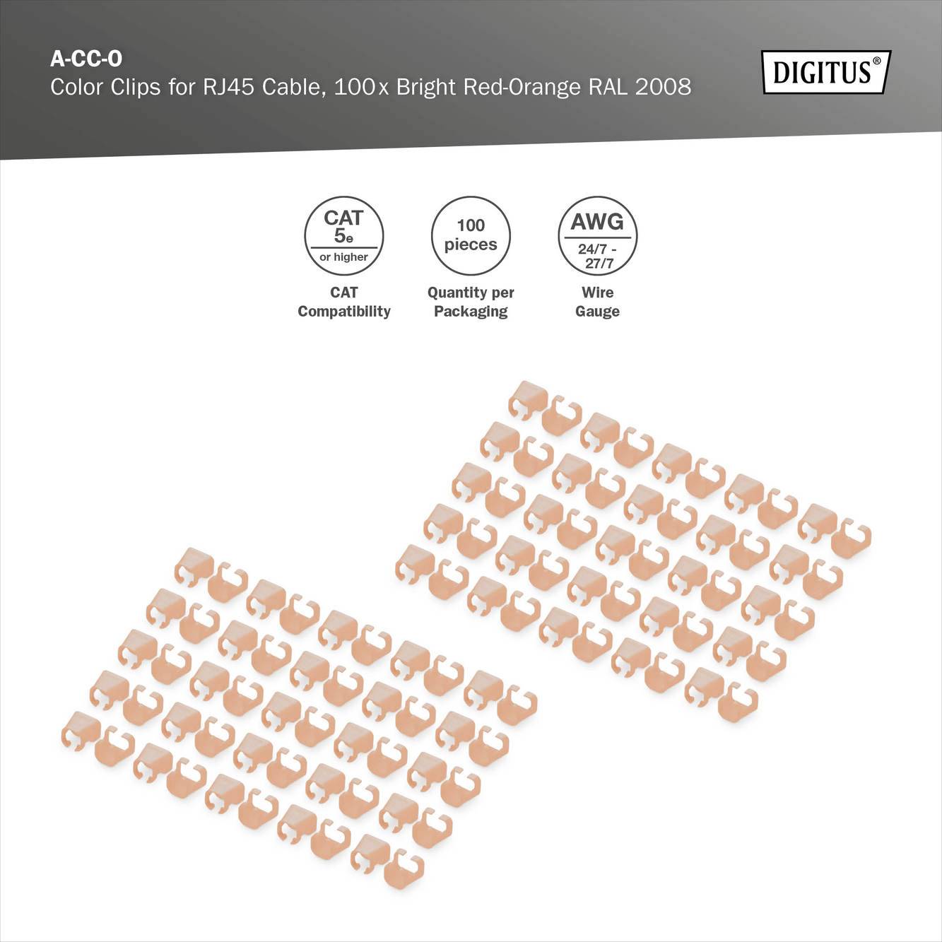 Farve Clips til RJ45 kabler, 100 stk., lysende rød-orange RAL 2008. Kompatibilitet: CAT 5, 100 pr. pakke, kabelstykkediameter: AWG 24/7 - 27/7.