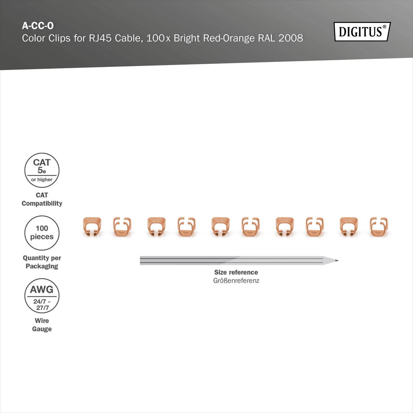 'Color Clips' til RJ45-kabler, 100 styk, i lysende rød-orange. Kompatibel med CAT 5e/6 kabler, AWG 24/7-22/7.