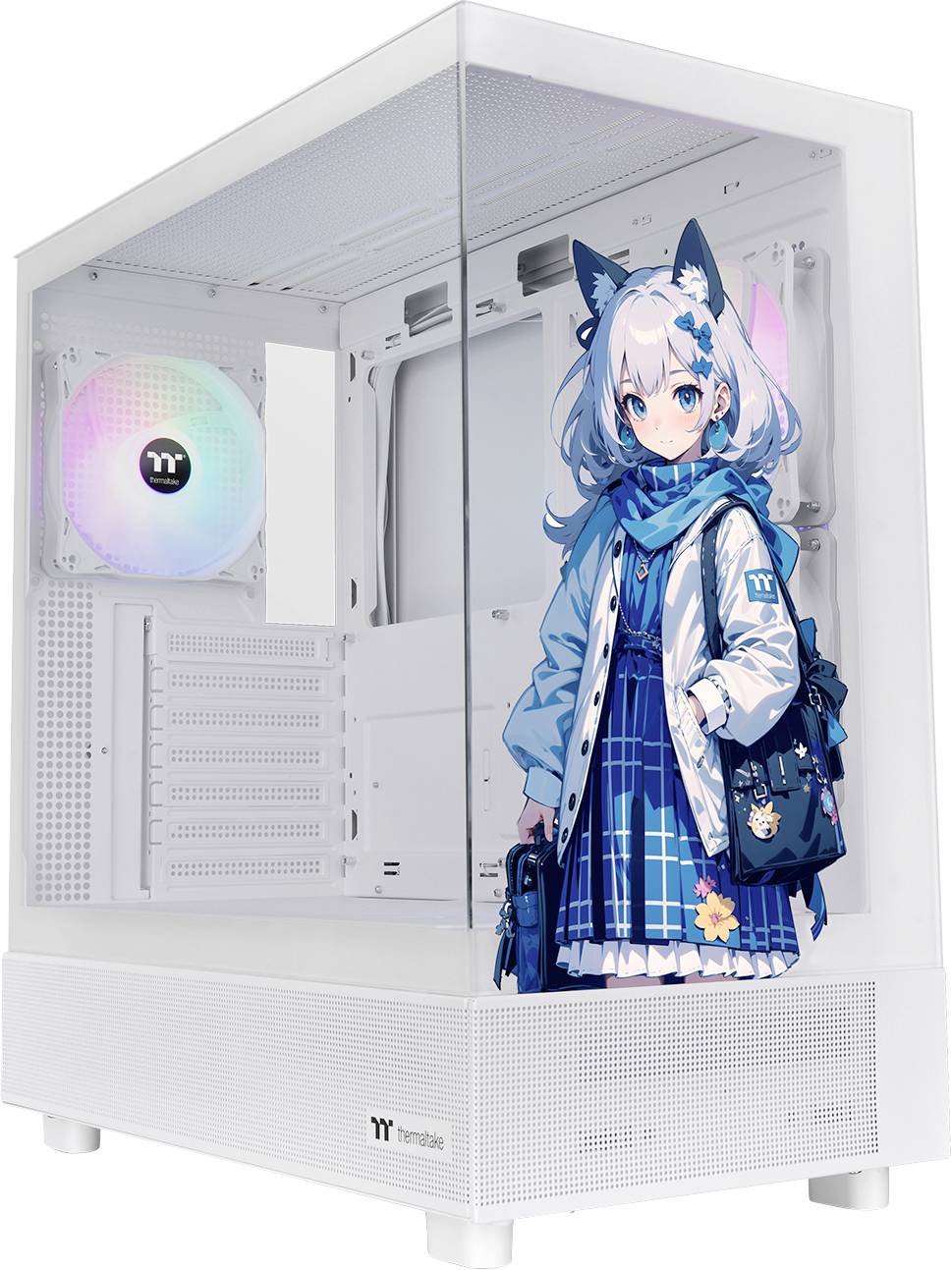 Hvid computerkasse med glasvæg og farverig LED-belysning. På glasvæggen er en animefigur vist i blåt tøj.