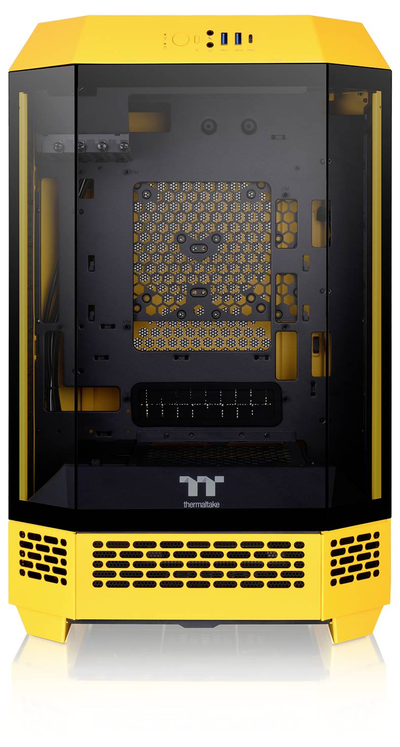 Et moderne, gult computeretui med gennemsigtigt glas på forsiden og sort indvendig med ventilationsåbninger.
