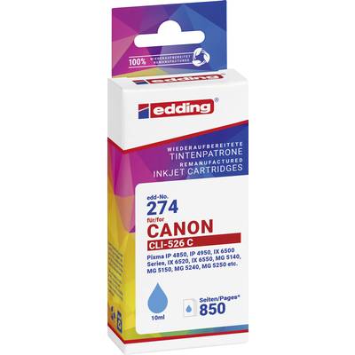 Blækpatron til Canon-printer, edding 274, farve Cyan, 850 sider, 10 ml. Kompatibel med Pixma IP- og MG-serien.