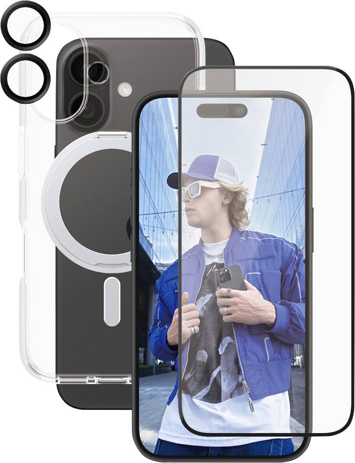 En smartphone med et gennemsigtigt cover og linsebeskyttelse. På skærmen ser man nogen med en blå jakke og en hvid hue.