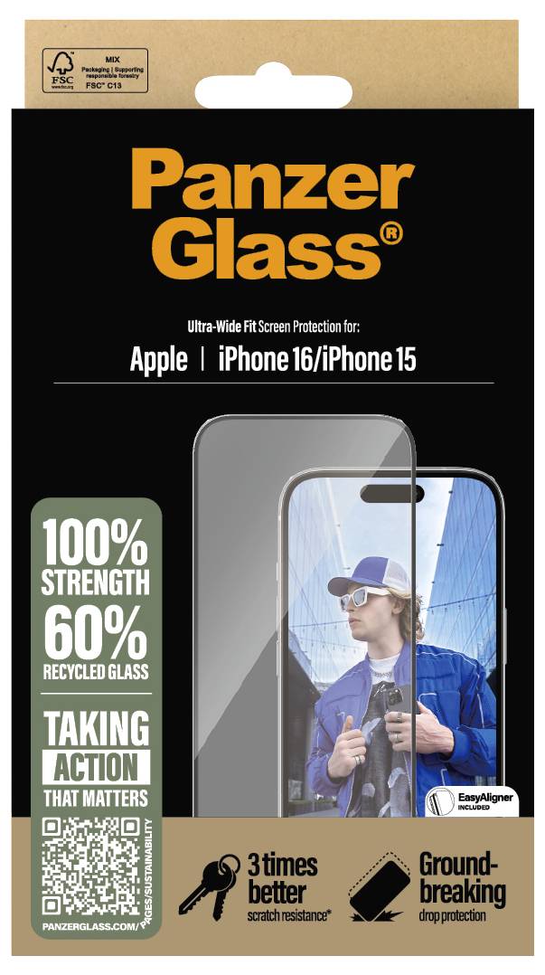Emballage til en PanzerGlass skærmbeskyttelse til iPhone 16/15. Indeholder løfte: 100% styrke, 60% genbrudt glas.