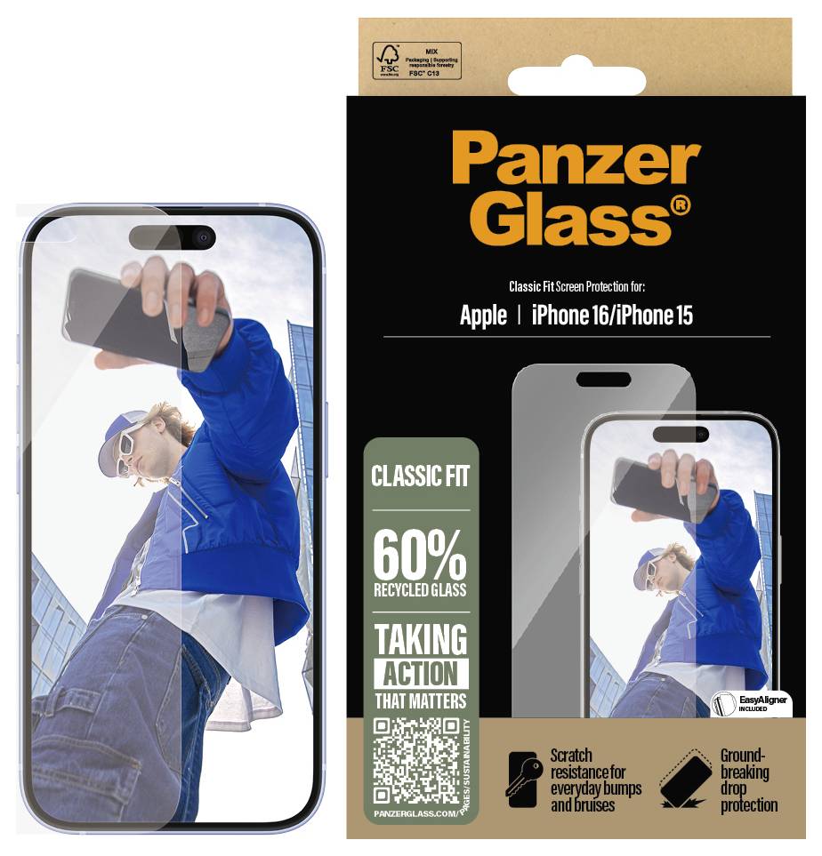 PanzerGlass Classic Fit skærmbeskyttelse til Apple iPhone 14 Pro Max. Indeholder 60 % genbrugt glas, ridsefast og stødabsorberende.