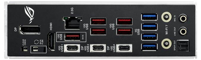 Bagsiden af en computer-bundkort med flere USB-porte, Ethernet-port, HDMI, DisplayPort, lydudgange og Wi-Fi-antenne.