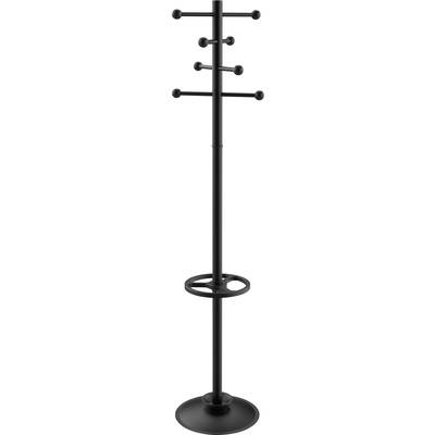 Sort garderobestativ med flere udstigende kroge og en rund paraplyholder ved bunden. Ideel til frakker og paraplyer.