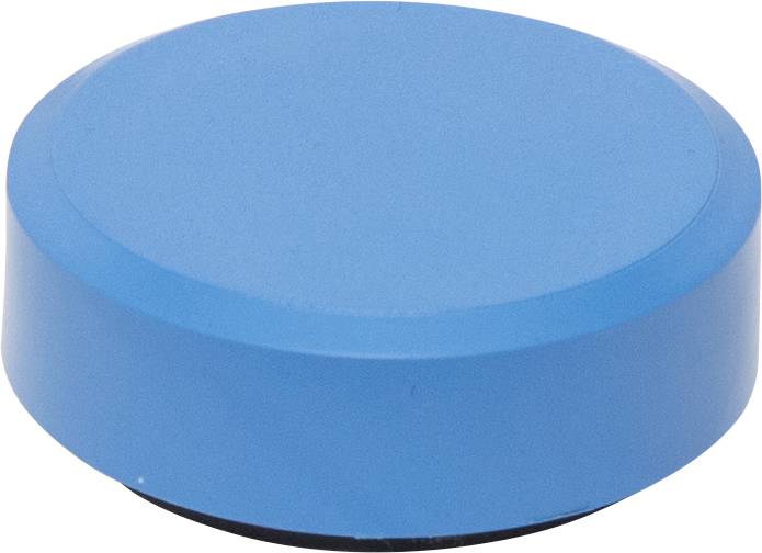 Blå rund plastikknap på hvid baggrund.