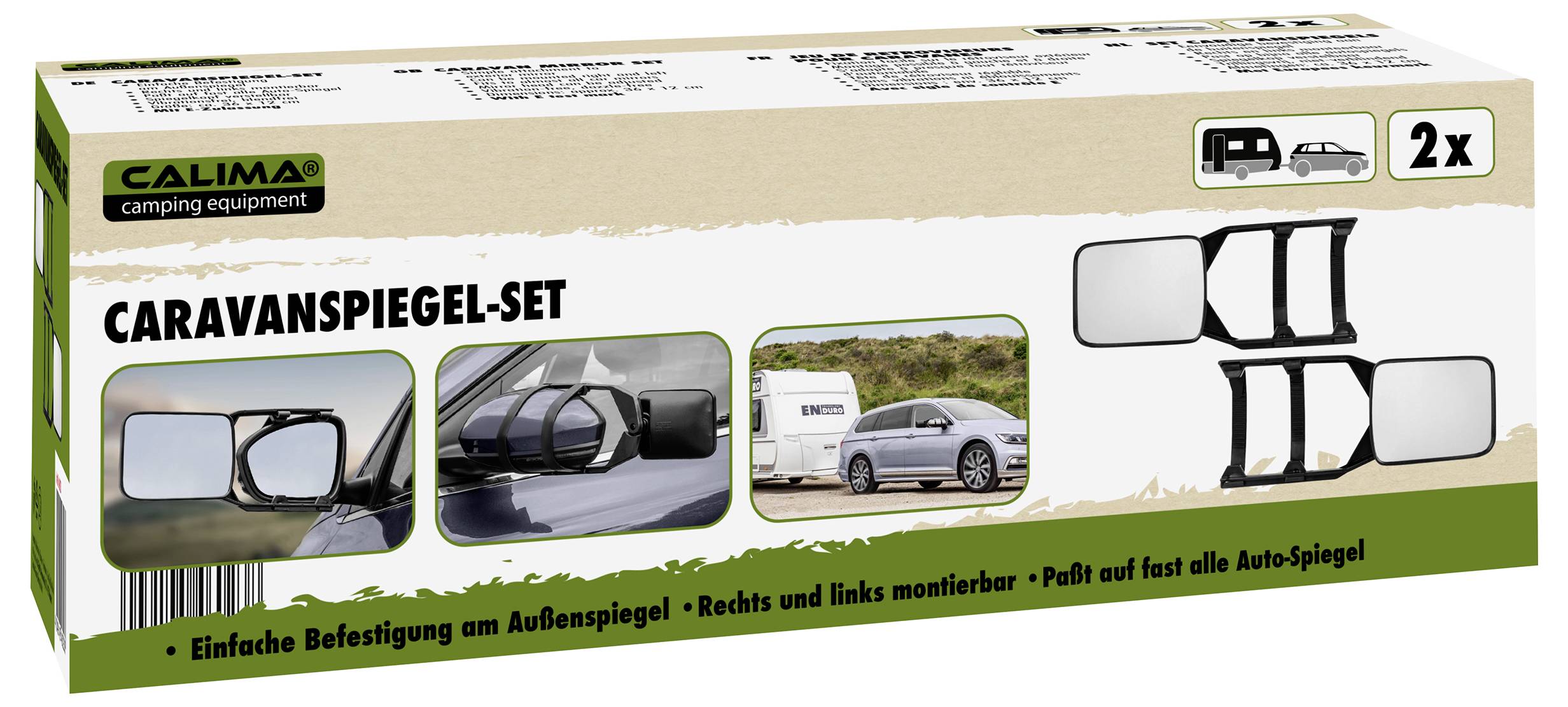 Emballage til et 'Campingvogn-spejlsæt', viser billeder af spejlene monteret på bilen. Egnet til næsten alle bilspejle, nem installation.