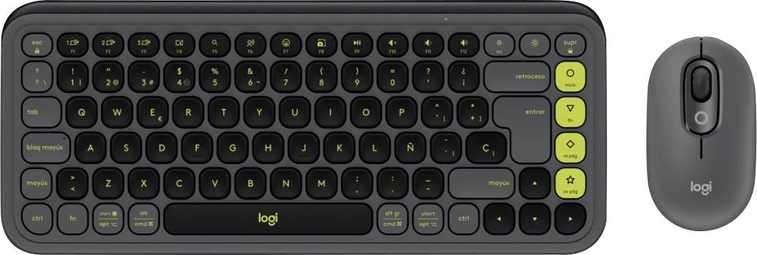 Sort trådløs tastatur og mus med gule accenter, kompakt design, velegnet til mobile enheder og trådløs betjening.